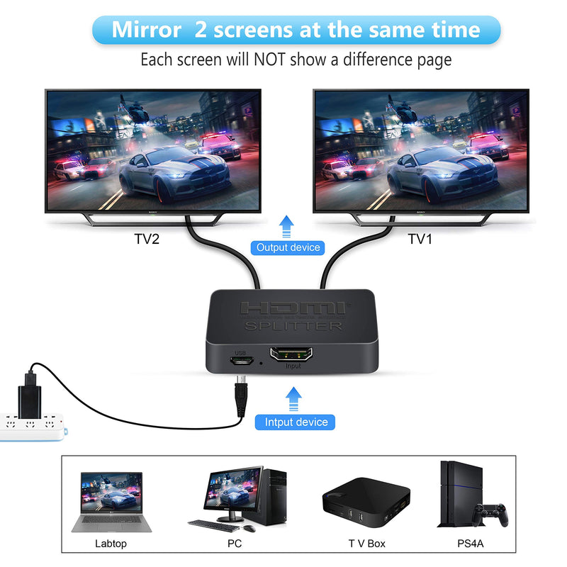 HDMI Splitter 4K@60Hz, avedio links HDMI Splitter 1 in 2 Out, HDMI Splitter for Dual Monitors Only Duplicate/Mirror Screens, Support HDMI2.0b, HDCP2.2, 18.5Gbps, Auto Scaling, Full HD 1080P 3D 1x2 4K@60Hz