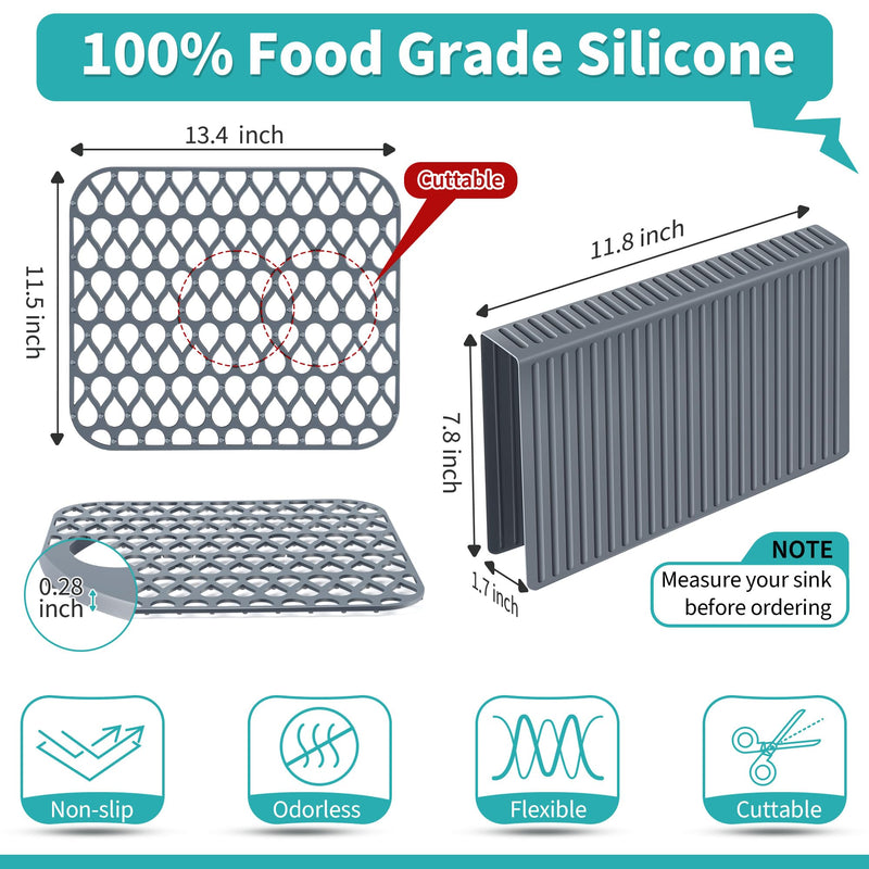 3 Pack Sink Mat and Sink Saddle Set, 13.4 x 11.5 Inch Protectors for Kitchen, Non Slip Silicone Dishwasher Safe, Folding Grid Protect from Stains, Damage, Scratches (Cuttable) Cuttable