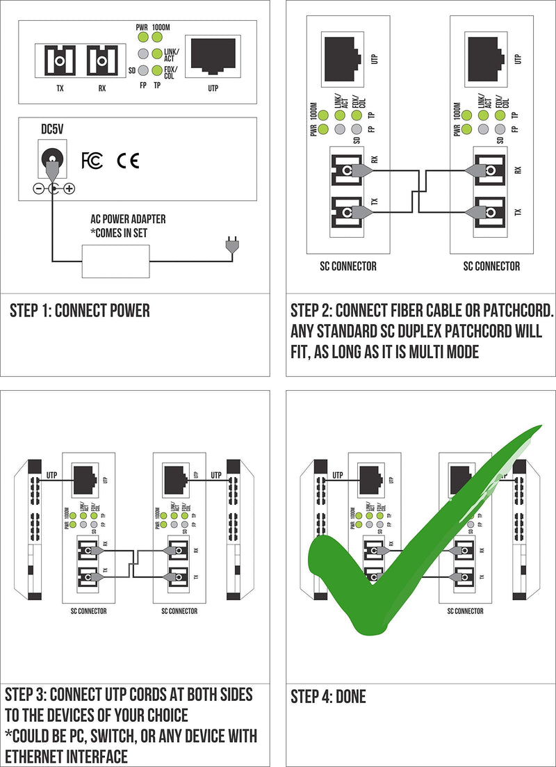 Multimode SC 850nm Gigabit Fiber Media Converter - Built-In SC Fiber Module 550m (0.34 miles) – to UTP Cat5e Cat6 10/100/1000 RJ-45 – Auto Sensing Gigabit | Fast Ethernet Speed - Jumbo Frame - LLF