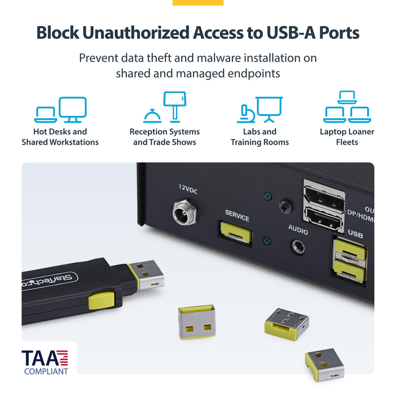 StarTech USB-A Port Blocker with 4X USB-A Cover Plugs (USB-A-Port-Blocker) | Snap-In Port Protectors for Laptops and Computers, Key, Latching, Dust