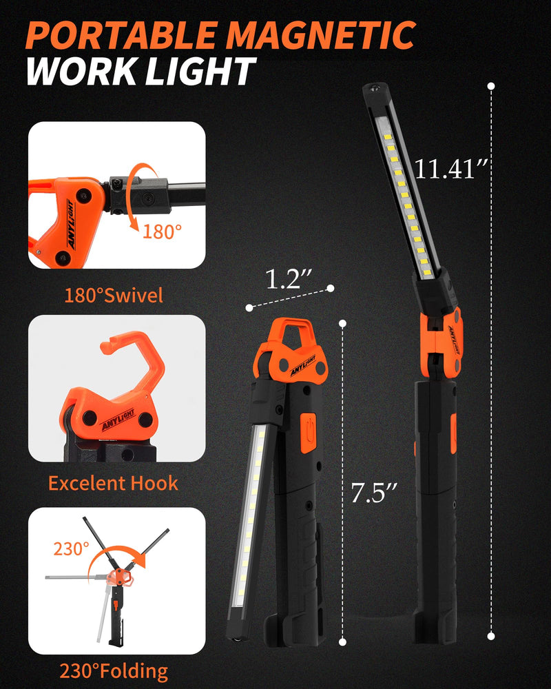 Led Work Light,400LM Foldable Mechanic Light, Rechargeable Flashlight with 5 Modes, 230° Rotate and Hook Magnetic Light for Car Repair, Camping, Grill（2 Pack Upgrade） 2 Packs with 180° Swivel