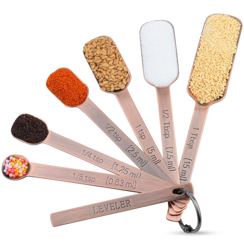 Copper Measuring Cups and Spoons Set 14, Stainless Steel Measuring Cups and Spoons set for Kitchen & Baking, 7 US & Metric Measure Cups & 6 Long Handle Spice Measuring spoons & 1 leveler Copper