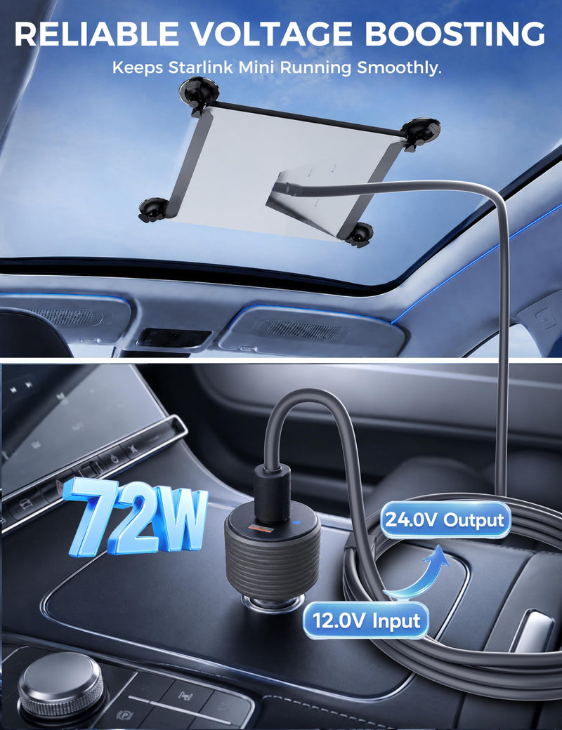72W Max Stable Voltage Boost Starlink Mini Car Adapter, 3-in-1 Car Charger | 12V to 24V DC Boost Converter, Dual USB Ports, Heat-Resistant Aluminum Housing, Smart Chip, Car Adapter for Cars/Trucks/RVs