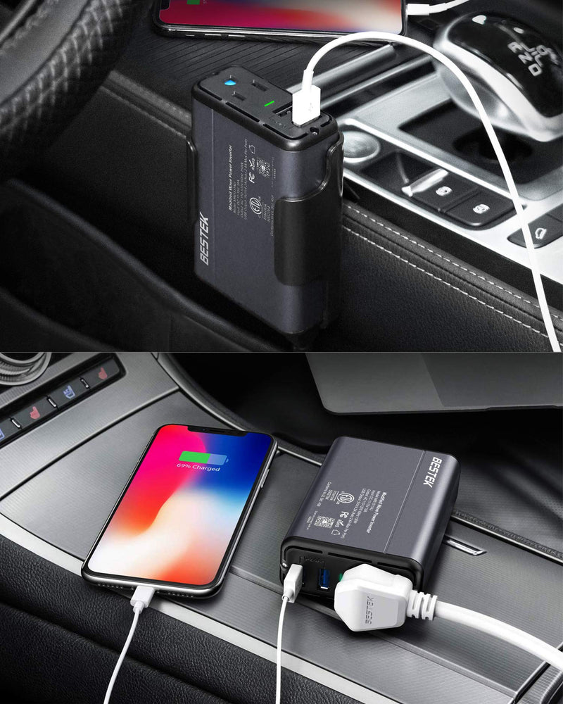BESTEK 150W Power Inverter DC 12V to 110V AC Converter 4.2A Dual USB Car Plug Adapter Outlet Converter (Gray) Gray