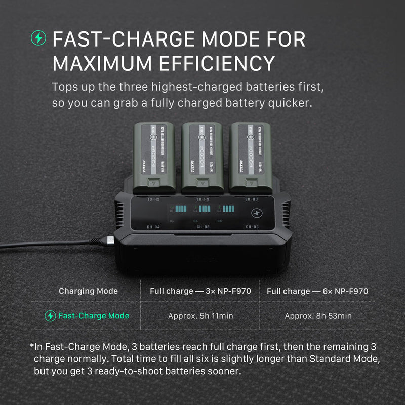 Tilta Foldable Charging Station for L-Series/NP-F | 6 Channel NP-F550, NP-F970, NP-F750 Multi-Slot Battery Charger | Smart TFT Color Display Dock | Active Cooling Thermal Management Protection - Black Single Charger