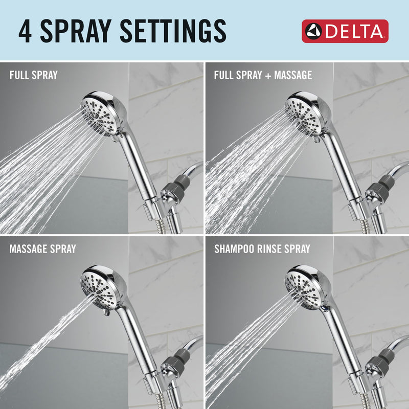 Delta Faucet 4-Spray Handheld Shower Head, Chrome Shower Head with Hose, Showerheads & Handheld Showers, Handheld Shower Heads, Detachable Shower Head, Hand Shower 1.75 GPM, Chrome 75413