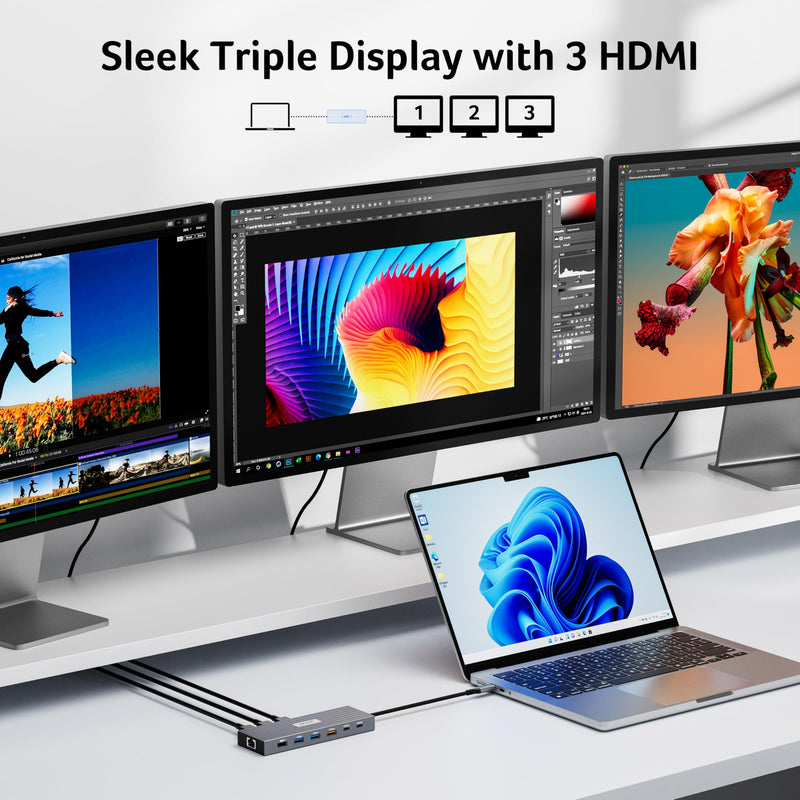 Acer Docking Station 3 Monitors with 3 HDMI, 13-in-1 USB C Hub for Laptop | 4K@60Hz HDMI Video, 1 Gbps Ethernet, 10Gbps Data, 100W PD, SD/TF, Laptop Dock for Acer, XPS, Spectre, Surface, Mac