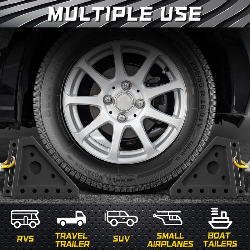 4 Pack Heavy Duty Wheel Chocks with 39" Rope, Rubber Wheel Chocks for Trailers, RV, Cars, Trucks, and ATV
