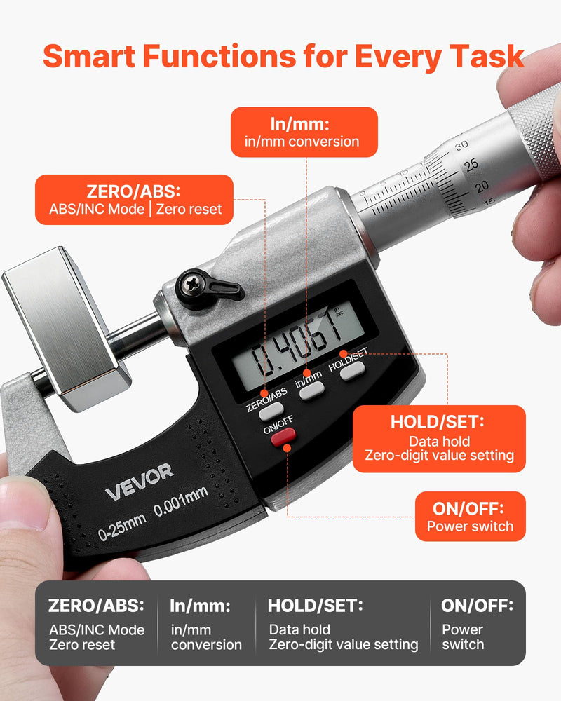 VEVOR Micrometer Set, Digital Outside Micrometer 0-1 inch Measuring Range, 0.00005" Resolution, Ultra-Precision 0.0001 Accuracy, LCD Screen, in/mm Switch, Carbide Tip, with Protective Case