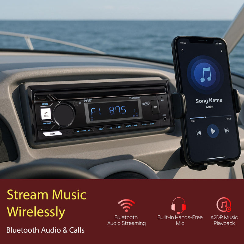 Pyle Marine Radio Stereo Receiver with Bluetooth MP3 Player - Single DIN Boat Audio System, AM/FM Tuner, USB/AUX Input, 30 Preset Stations, Hands-Free Calling, 350 W Power for Marine and Boat Use Charcoal