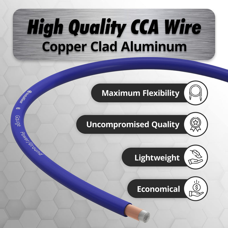 InstallGear 8 Gauge Wire (25ft) Copper Clad Aluminum CAA - Primary Automotive Wire, Car Amplifier Power & Ground Cable, Battery Cable, Car Audio Speaker Stereo, RV Trailer Wiring Welding Cable 8ga 25ft - Blue