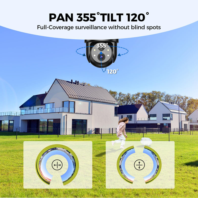 2K 2.4g WiFi Security Cameras Wireless Outdoor, 360° View Solar Cameras for Home Security, Color Night Vision, AI Detection, 2-Way Audio, Spotlight Siren Alarm, SD/Cloud Storage