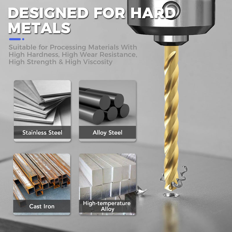 20Pcs M35 Cobalt Drill Bit Set 1/16"-1/2", Three-Flute Design,Titanium Coat | Metal Drill Bit for Stainless Steel & Hardened Metal, Cast Iron,125° Split Point, 3-Flat Shank, with Indexed Storage Case 20Pcs