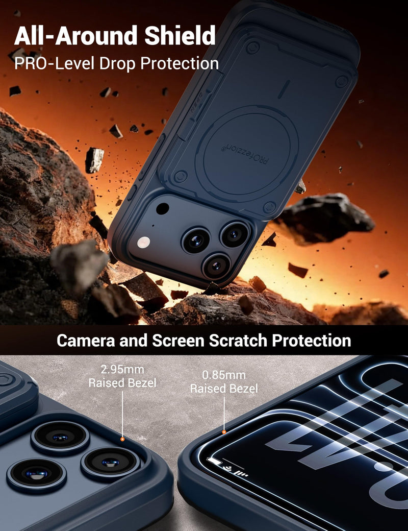 PROfezzion for iPhone 17 Pro Case Wallet 3-Card Holder with MagSafe, Blue | Accepts Wireless Charging, RFID Blocking, Secure Locking Latch, Kickstand, Fits MagSafe Mount Stand Grip, Drop Protection