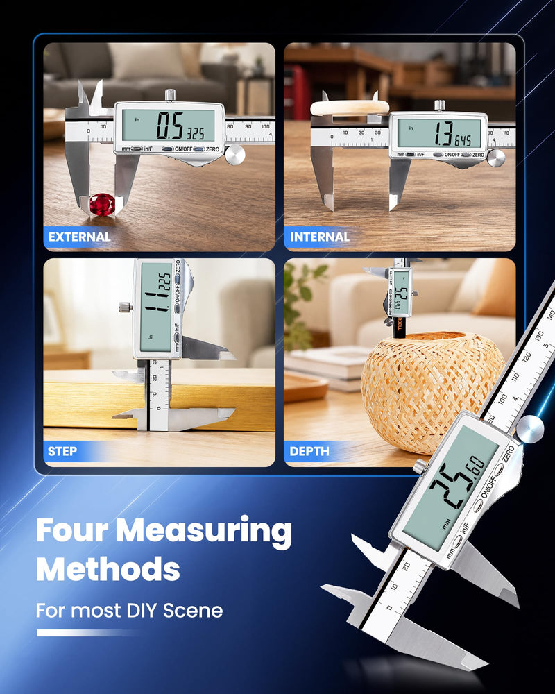 HARDELL Digital Caliper 6"/150mm, Rechargeable Stainless Steel Micrometer, Large LCD. in/MM/Fraction, Auto-Off, Electronic Measuring Tool for Machinist Woodworking 3D Printing DIY Household 6 Inch