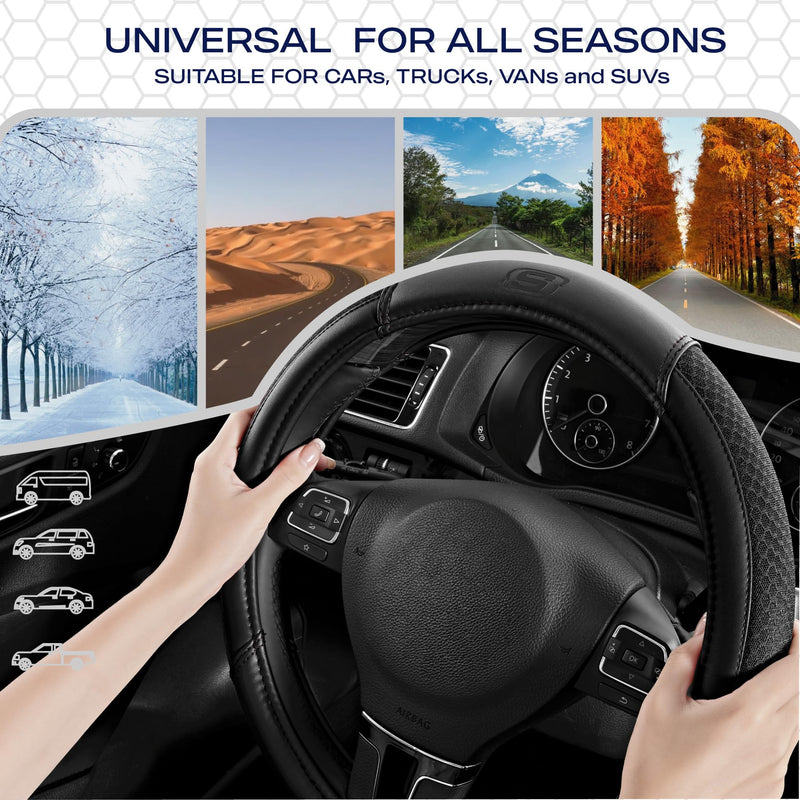 Skechers Air-Cooled Steering Wheel Cover,Leather Car Steering Wheel Cover Universal Fit 14" 1/2-15" Car Wheel Protector for Men Women Fit Suvs,Vans,Sedans,Car,Trucks,Black Black