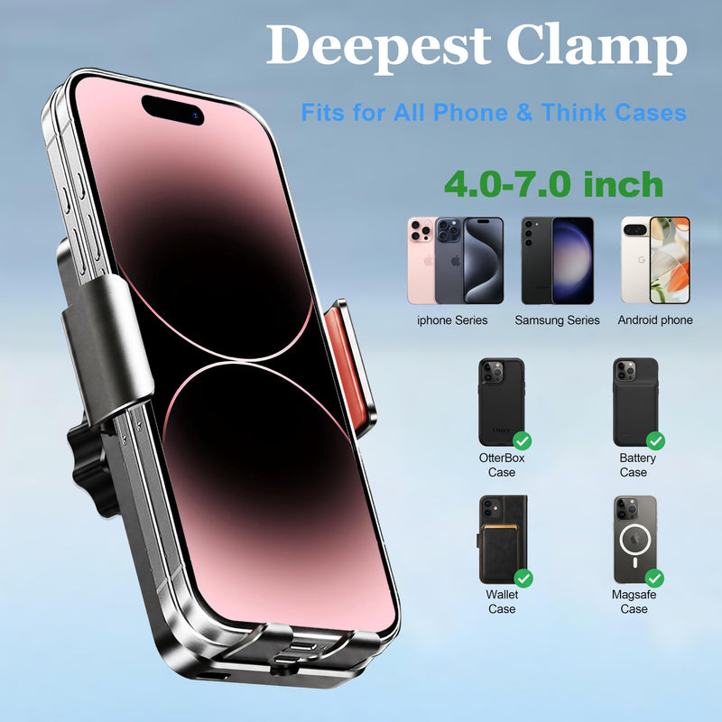 Car Phone Holder for 2024-2026 Toyota Tacoma 4th Gen Accessories, 8-Inch Screen Phone Mount with Up to 15W Fast Wireless Charger, Auto-Clamping Aluminum Holder, 360° Rotation, Keeps Air Vents Clear