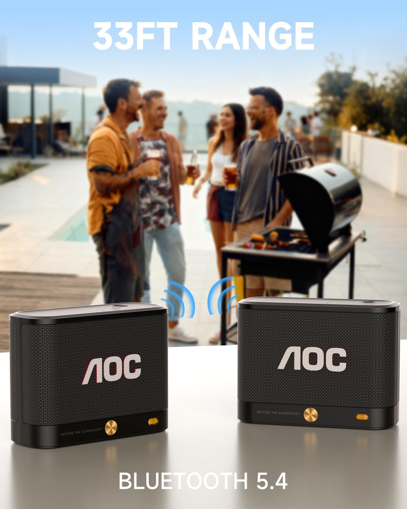 AOC Portable Bluetooth Speaker, Shower Speaker, BT 5.4 with Wireless Stereo Pairing, BassUp, IP65 Waterproof, Dustproof, 30-Hour Playtime, Compact Small for Home, Outdoors, Black