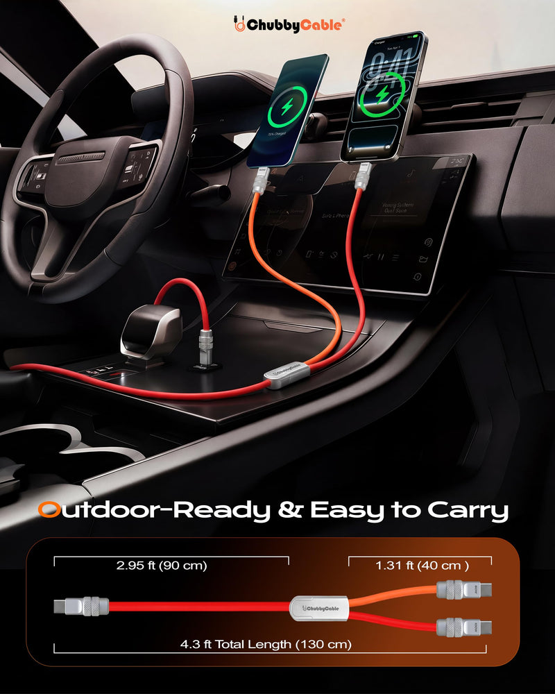 chubbycable Duo-Flex 100W & 60W 2-in-1 Fast Charging & Data Transfer Cable with Soft Silicone USB C Multi Charging Cable for iPhone 17 Series iPad Galaxy Series, Red+Orange