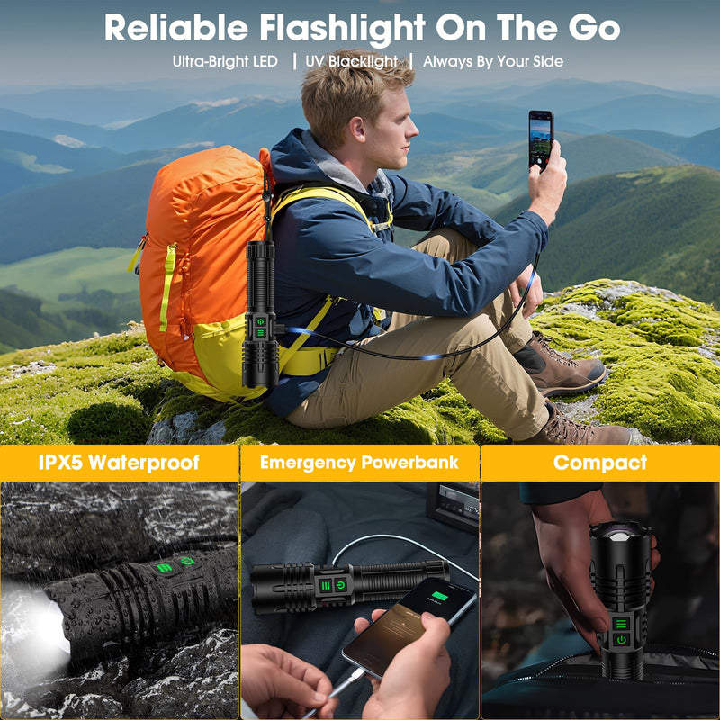 UV Blacklight&High Lumens Flashlight Rechargeable, Powerful Blacklight Flashlights for Pet Urine Detection, Resin Curing, Scorpion, Zoomable Waterproof Tactical LED Flashlight for Camping, Emgergency Black