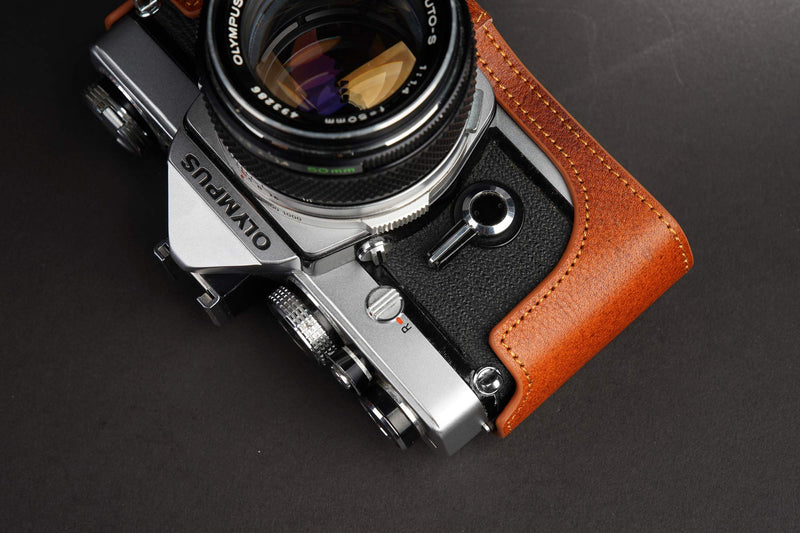 OM-4 Case, BolinUS Handmade Genuine Real Leather Half Camera Case Bag Cover for Olympus OM-1 /1N OM-2/2N OM-3/3Ti OM-4/4Ti (No Handle) Camera with Hand Strap (LavaBrown) LavaBrown