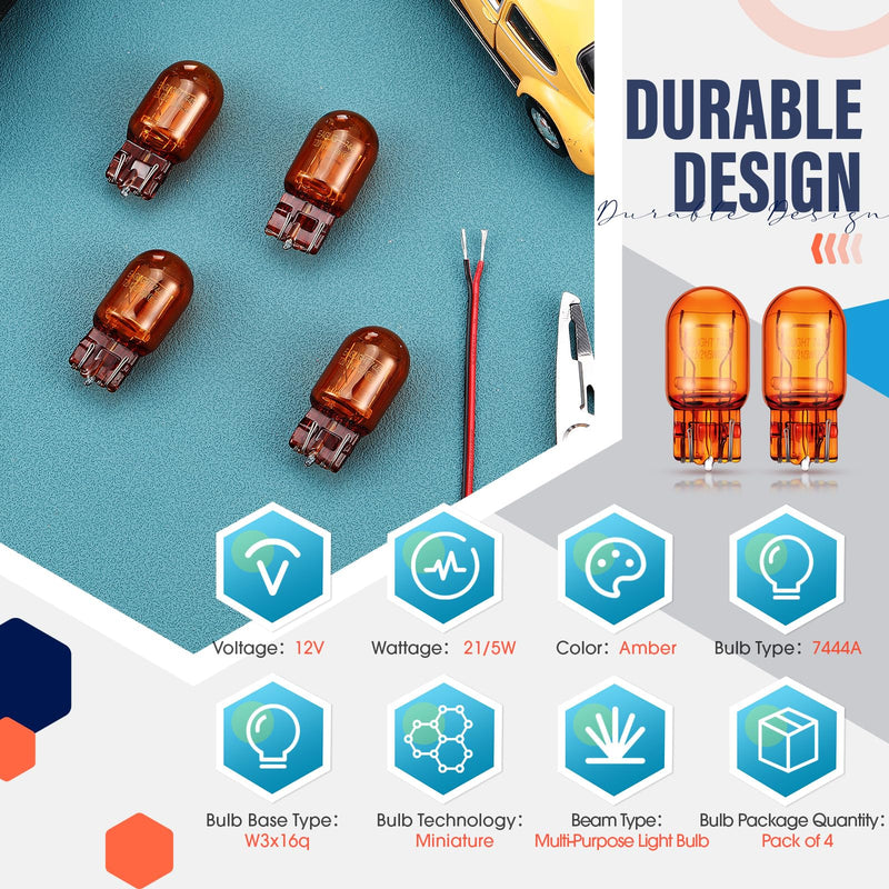 4 Pack 7444NA LED Bulbs 7444NA Long Life Miniature Bulbs Amber T20 12v 21/5w Automotive Lighting Reverse Lights Strobe Brake Backup Tail Turn Signal Replacement Interior Lighting Side Lights