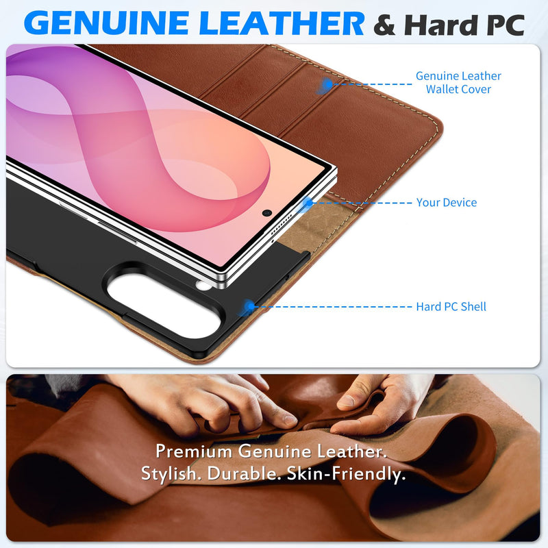 SHIELDON Genuine Leather Wallet Case for Galaxy Z Fold 8 Ultra, Retro Brown | Folio Magnetic Cover, RFID Blocking, Credit Card Holder, Kickstand, Fodable Design, Shockproof Protective Shell for Men Women