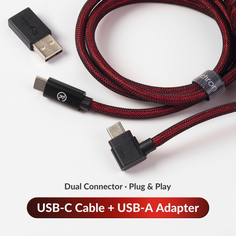 Keychron Premium Coiled USB-C Angled Red Cable, 5-Pin GX16 Detachable Metal Connector, USB-A Adapter, Double-Sleeved Design, for Mechanical Keyboards, Charging and Data Sync