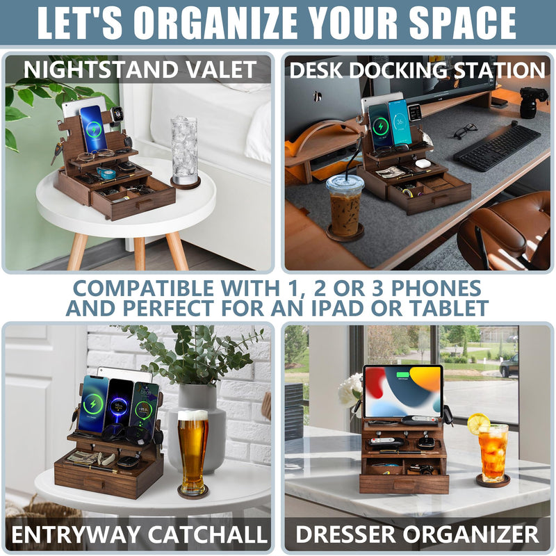 Wood Phone Docking Station for up to 3 Phones - Nightstand Organizer for Men & Women Holds Phones, Tablets, Keys, Rings, Glasses, Watches, EDC & More - with Special Drawer for Valuables Brown Ash Wood