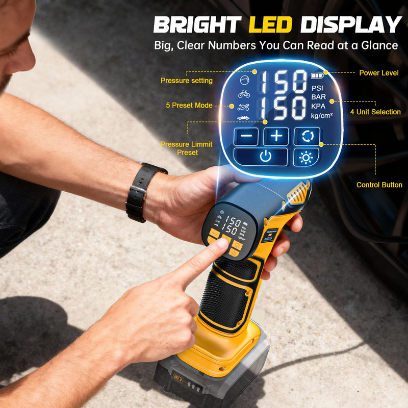 Cordless Tire Inflator Air Compressor Compatible with Dewalt 20V Battery (Tool Only), 150 PSI Portable Car Air Pump with Digital Pressure Gauge, Automatic Shut Off, LED Light Yellow- Compatible With Dewalt 20v