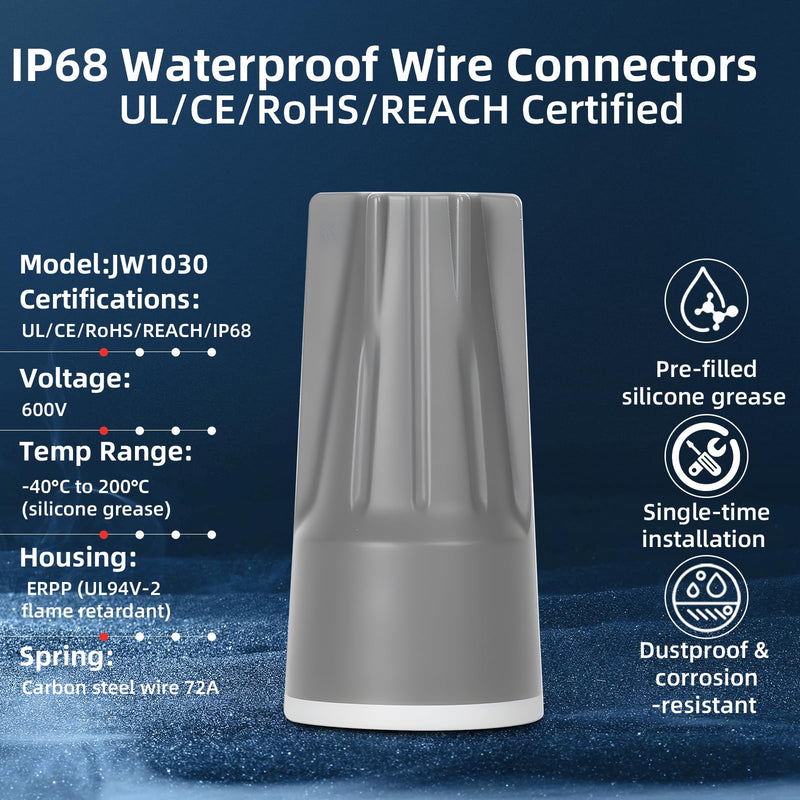 Lenporl 50PCS Waterproof Wire Connectors Grey 22-10AWG, IP68 Waterproof Wire Nuts for Landscape Lighting, Heavy-Duty Waterproof Electrical Connectors for Irrigation, Wet and Dusty