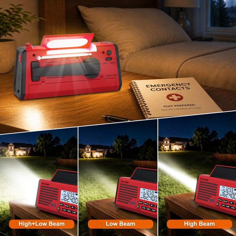 Peakeep Emergency Radio NOAA Weather Alert Battery Solar Crank Powered | AM FM SW Portable Radio, Rechargeable Battery Backup18500mWh, SOS Flashlight Lamp for Home Car Camping Storms Blackouts Prep Red with Black