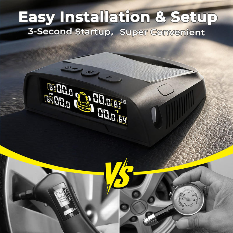 Tire Pressure Monitoring System - TPMS with Solar and USB Charger, 4 Tire Sensors and 6 Alarm Modes, Auto on/Off and Voice Prompt, TPMS with Color LCD Screen, for RV, Sedan, SUV, MPV, etc