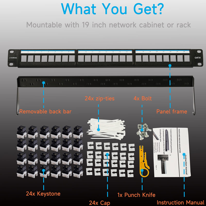 Cat6 Patch Panel 24 Port with Keystone, RJ45 Network Panel 19 Inch, Punch Down Keystone Ethernet Patch Panel with Back Bar Black 24port