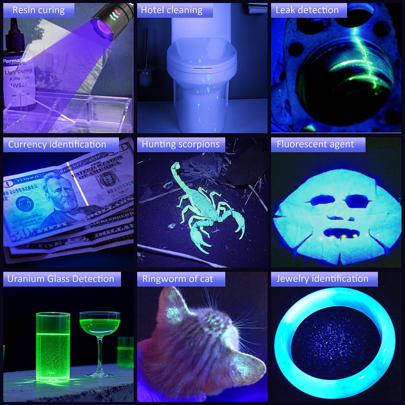 365nm UV Flashlight Black Light, Rechargeable 2-in-1 White and Ultraviolet Light Combo, Zoomable LCD Display UV Light for Pet Urine Detection, Resin, Rocks, Scorpion, AC Leak, Camping, Emergencies