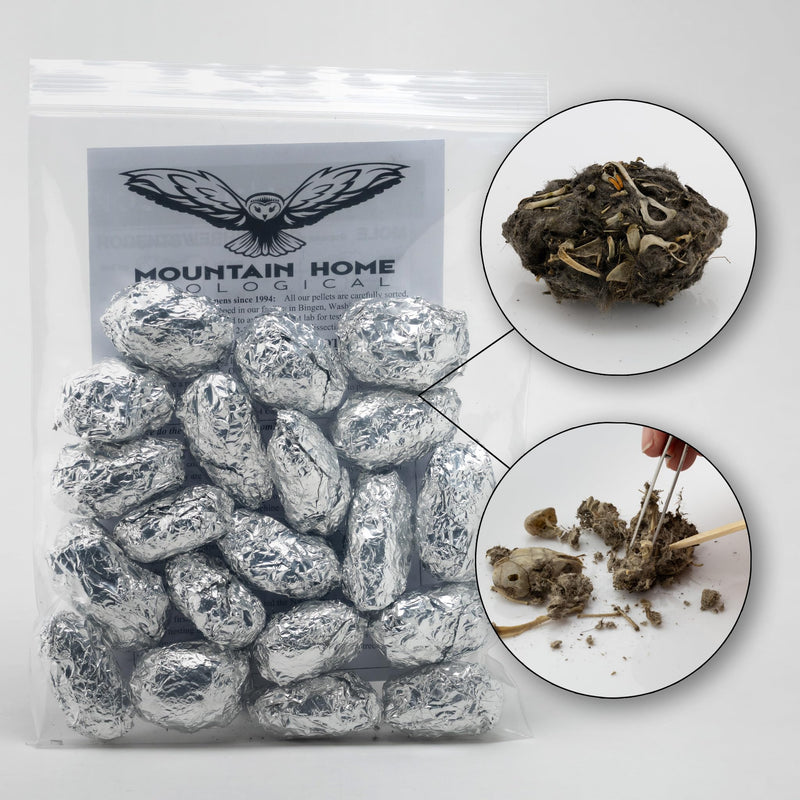 Barn Owl Pellets, Pack of 20 Large Pellets and Bone Sorting Guide, Individually Foil Wrapped & Pre-Graded, Science Classroom Hands On Dissection Kit