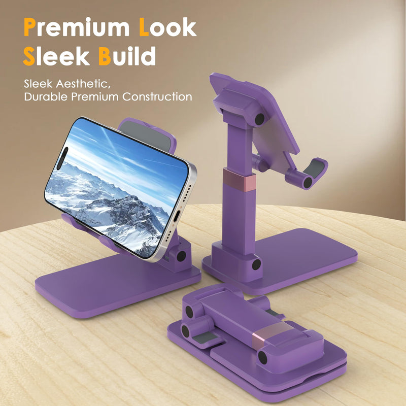 Cell Phone Stand for Desk, Adjustable Height & Angle Phone Holder, Foldable Portable Stand with Anti-Slip Silicone Pad, Compatible with iPhone and All Smartphones 4–8 Inch, Purple