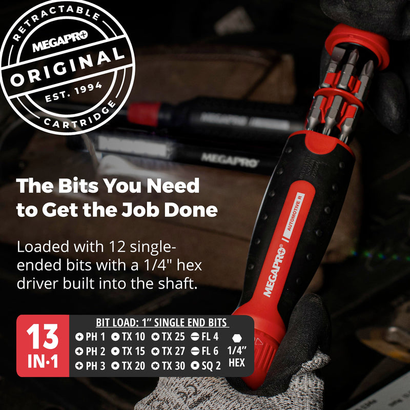 Megapro Automotive Screwdriver Set | One Multi-Bit Screwdriver with ¼” Hex Shaft | Phillips, Torx | Compact Automotive Bit Set (Ratcheting) Ratcheting