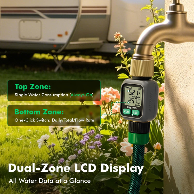 RESTMO Water Flow Meter with Dual Zone Display Screen, Brass Inlet & Outlet Water Meter, ±4% Accuracy, Measure Gallon/Liter Consumption and Flow Rate for RV, Garden Hose, Sprinkler & Nozzle Sprayer 1