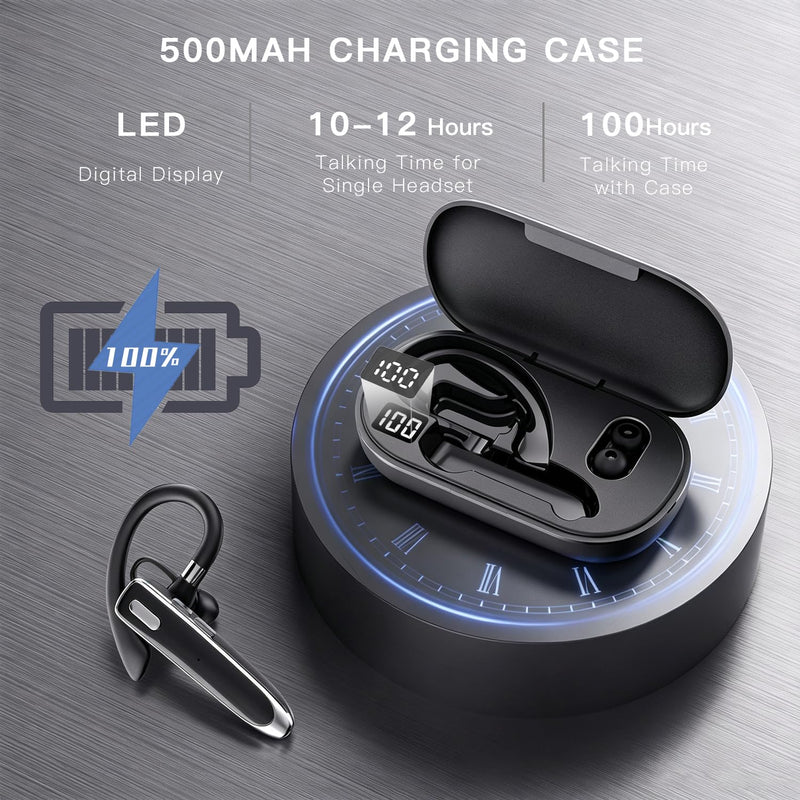 Bluetooth Headset V6.1 with 90Hrs Talk Time & 500mAh Charging Case, CVC 8.0 ENC Noise Cancelling Mic – Wireless Earpiece Single Ear Hands-Free Headphones for Office Trucker Driving Business - Black