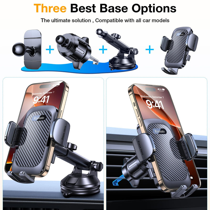 Romuto Phone Holders for Your Car Phone Holder Mount【Super Suction】Cell Phone Holder for Car Accessories for Women Men【360° Adjustable】Suction Phone Mount for Car, Window, Bathroom for iPhone Samsung Dark Black