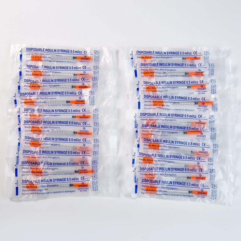 100 Pack 0.5ml Disposable Syringe, 32G 0.5cc 1/4 Inch (6mm) Lab Supplies Syringes, Individually Wrapped 0.5ml 32g 1/4inch 100