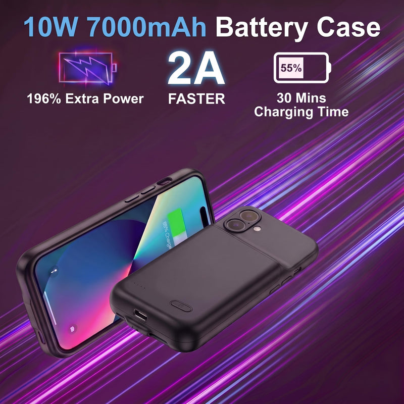 7000mAh Travel Battery Case for iPhone 16, 2026 New Upgrade Extra Battery Life Fast Charging External Rechargeable Portable Charging Case