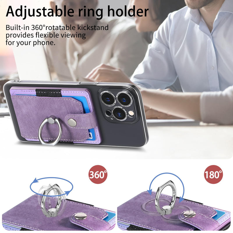 Cell Phone Card Holder with Ring Grip,Adhesive Phone Card Wallet,Purple | Holds up to 3 cards;360° ring works as grip and kickstand,Can be used on most phones or phone cases larger than 5.8 inches. Purple