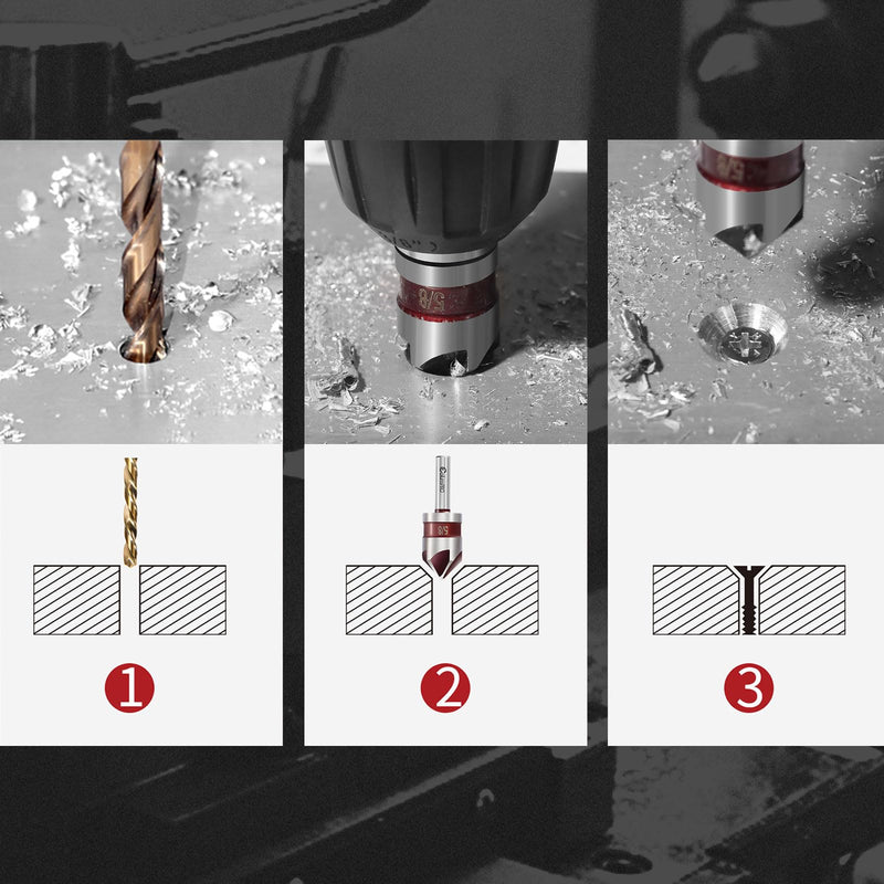 5PCS Cobalt 5-Flute Countersink Drill Bit Set - Heavy-Duty M35 82-Degree Countersink Chamfer Tool Set for Metal,Stainless Steel,Copper,Wood,Fiberboard,Plastic,SAE 3/4”,5/8”,1/2”3/8”,1/4” 5PCS