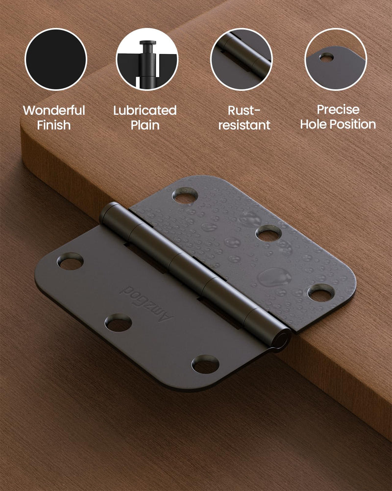 Black Door Hinges - 48 Pack 3.5 Inch Rounded with 5/8" Radius Matte Black Door Hinges for Interior and Exterior Doors - Heavy Duty 3 1/2" Residential Door Hardware