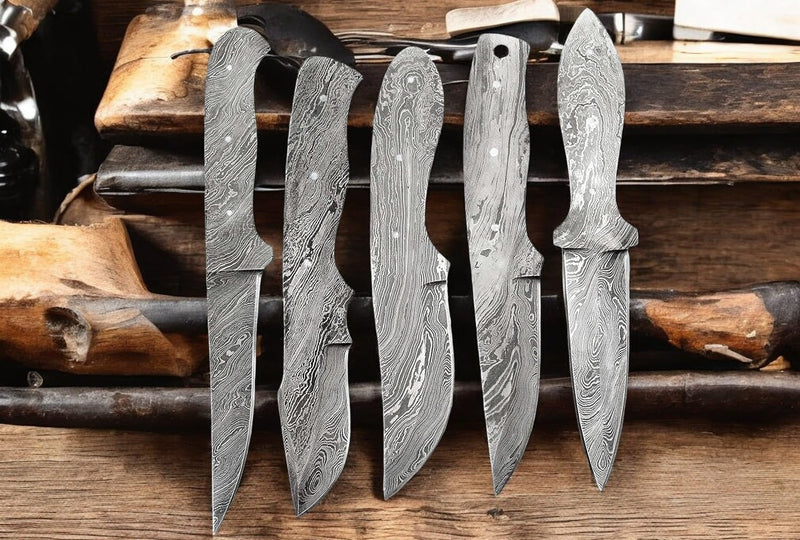 LOT OF 5 PIECES HAND FORGED DAMASCUS STEEL FULL TANG KNIFE BLANK BLADE KNIFE MAKING SUPPLIES (5 DIFFERENT PIECES SET) 5 DIFFERENT PIECES EACH OTHER KNIVES SET