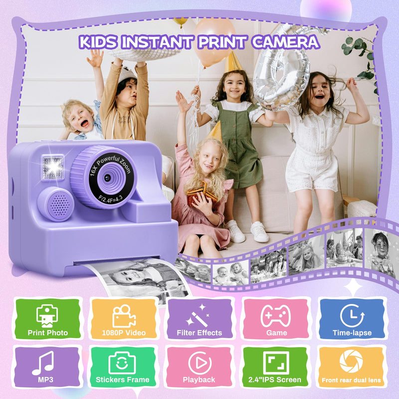 Kids Camera Instant Print, Dual Cameras Photo 1080 HD 2.4 Inch Screen Toddler Print Camera with 3 Prints Paper & 32 G,Christmas Birthday Gifts for Girls Boy 3 4 5 6 7 8 9 1s0 11 12 Year Old Purple