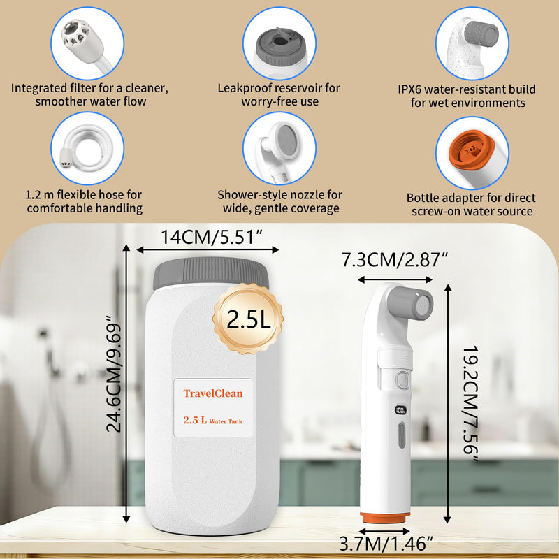 Portable Bidet with LED Display – High Pressure Travel Bidet with Shower-Head, 2.5L Tank, Dual Modes & Adjustable Spray | 1600mAh Battery | Leakproof IPX6 | for Women, Men & Postpartum Care(Gray)
