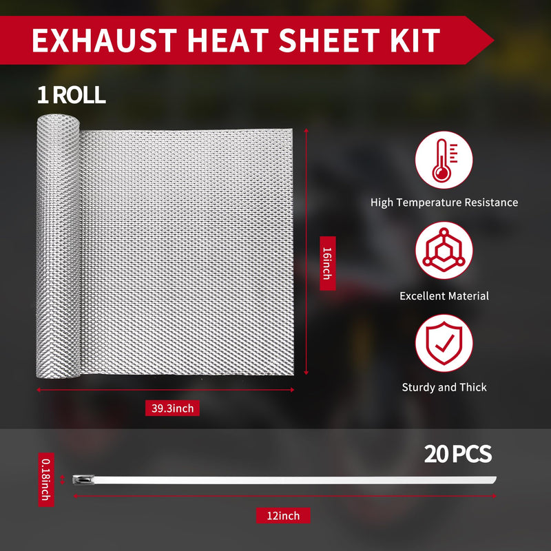 Exhaust Heat Shield Automotive 16" x 39", Embossed Aluminum Heat Shield Kit with 20PCS Cable Metal Ties for Muffler Exhaust Wrap, Heat Barrier,Car Exhaust Sheet
